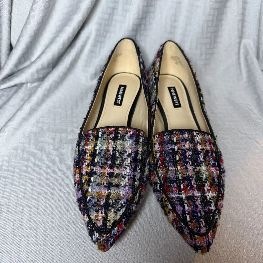Nine West Abay 2 Women's Plaid Tweed Colorful Pointed Toe Flats Size 8.5 - Picture 2 of 11
